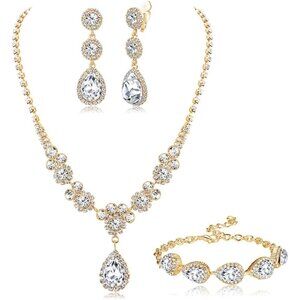 Rhinestone Bridal Jewelry Set Necklace Bracelet Clip On Earrings for Brides Brid